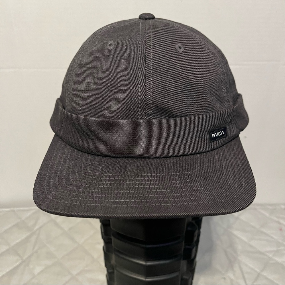 RVCA black baseball cap, mid fit, leather back strap.